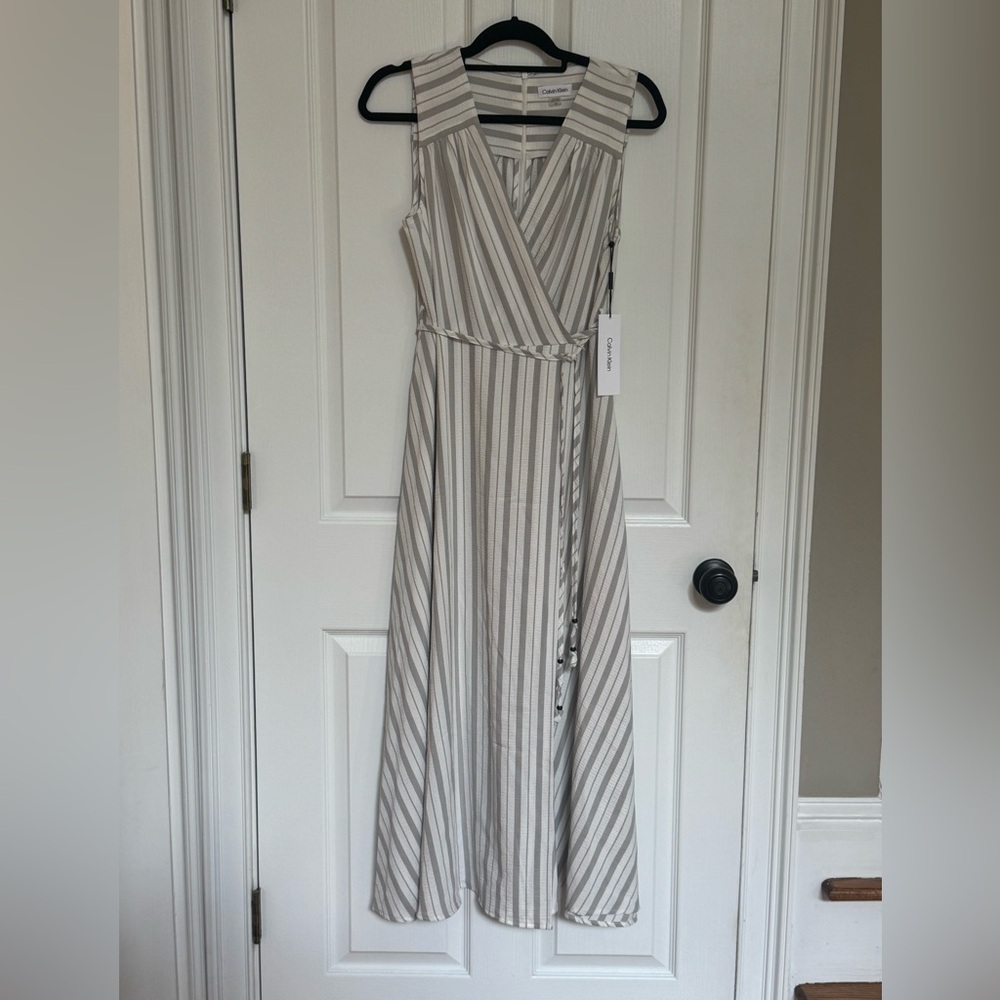 Calvin Klein Grey and White Striped Maxi Dress